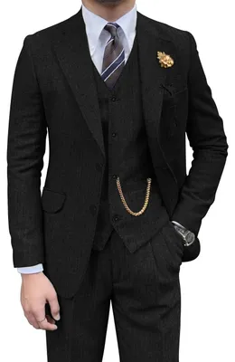 Immagine prodotto di Completo da uomo retrò, 3 pezzi, in tweed, motivo a spina di pesce, vestibilità slim