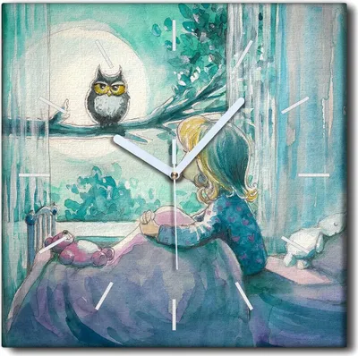 Produktbild von Coloray Uhr auf Leinwand 30x30 cm Wand Uhr Dekoration Wohnzimmer Segeltuch weiße Zeiger -Aquarell-Eulen-Mädchen.