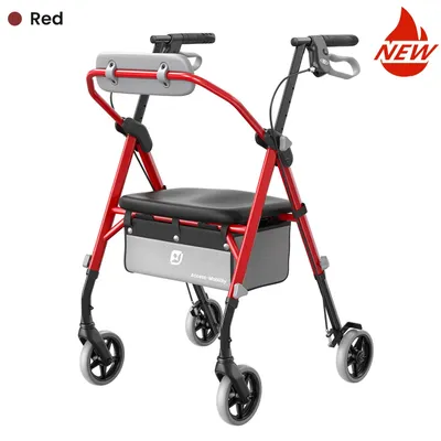 Obrázek produktu pro Rolátor pro seniory – skládací chodítko – nosnost 158 kg – ergonomické sedadlo s bederní opěrkou – 5-polohově nastavitelné područky – dvojitá brzda – odnímatelná taška – červený