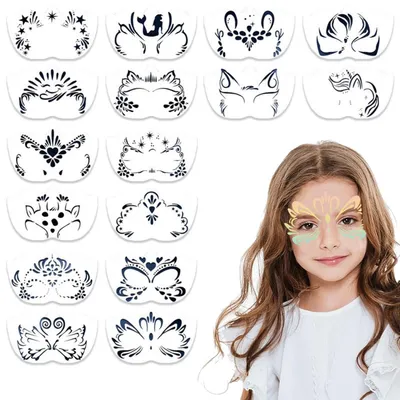 Produktbild von Tattoo Schablonen Set 16 Stück Kinder Wiederverwendbar Gesicht Körper