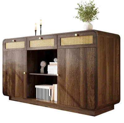 Zdjęcie produktu dla Komoda z rattanu - 120 x 40 x 85 cm - 3 szuflady - 2 szafki - otwarta półka - regulowane półki - wykończenie imitujące orzech