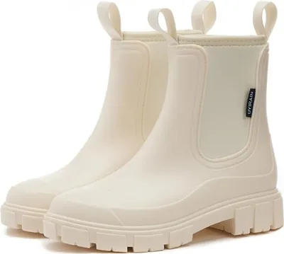 Produktbild von ASKSA Damen Gefuettert Wasserdicht Gummistiefel Halbhohe Chelsea Rutschfeste Regenschuhe Stiefeletten Gartenschuhe Gummistiefeletten,Weiss,Größe:39