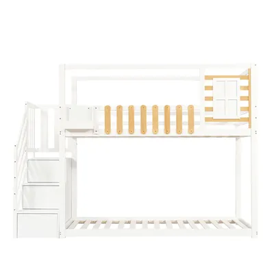 Produktbild von Flieks Etagenebett 90x200cm mit Treppe, Kinderbett mit Rausfallschutz, Hochbett mit Lattenrost, Hausbett Stockbett Einzelbett, Weiß