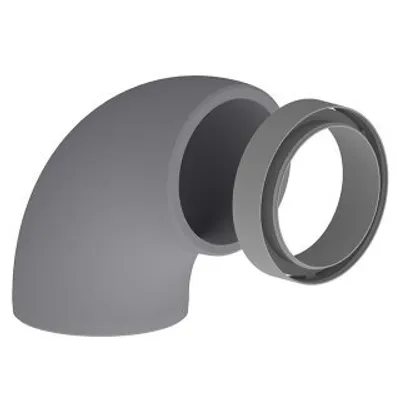 A 3D rendering of a gray pipe elbow fitting with a separate ring piece.