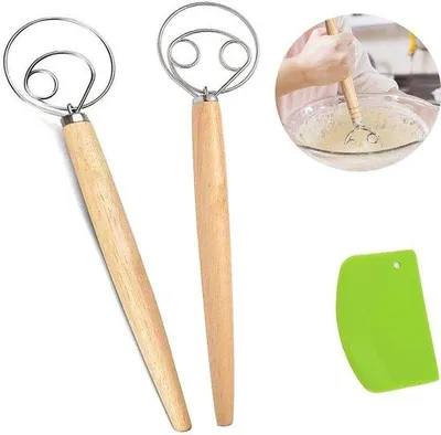 Productafbeelding van Brooddeegmixer - Houten Handvat - Roestvrij Staal - Bloemschraper - Geschikt Voor Keukenbakken - 8x33 CM - Deegmixer
