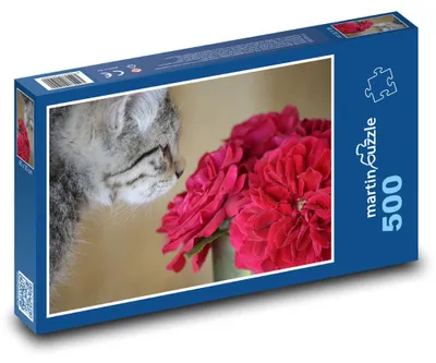 Zdjęcie produktu dla Puzzle 500 Kot i czerwone kwiaty - martinpuzzle