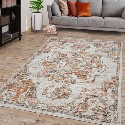 Produktbild von TT Home Wohnzimmer Teppich Kurzflor Pastell Marokkanisches Design Mit Bordüre Used Look Größe 60x100 cm
