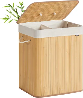 Imagen del producto de Cesta de bambú con tapa - Caja de ropa con 2 compartimentos - Capacidad de 120 litros - Bolsa de ropa extraíble - Plegable
