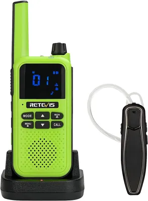 A green Retevis RA619 walkie-talkie with a Bluetooth headset and charging dock, presented on a white background.
