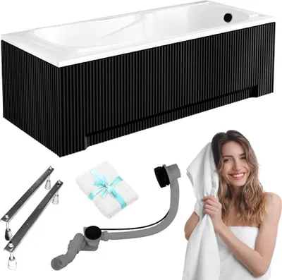 Produktbild von Aqua For You | Badewanne Acryl Besco Majka Nova - 160x70 Cm - Antibakterielle Beschichtung - Siphon 5in1 - Schwarz – mit geriffelter Verkleidung