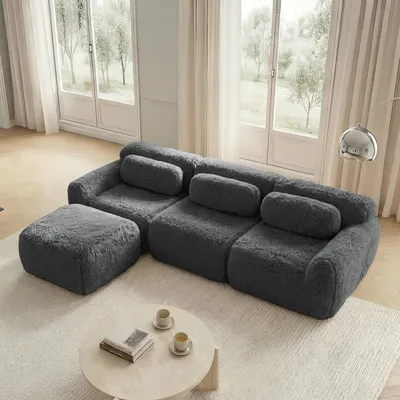 Produktbild von MODFU Dreisitzer Ecksofa,Modulares Sofa mit Geschwungene und 1 Ottoman,L-förmiges Relaxsofa mit Rutschfester Boden & Kissen,Plüschstoff,Grau
