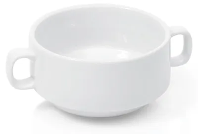 A white ceramic soup bowl with two handles is shown on a white background.