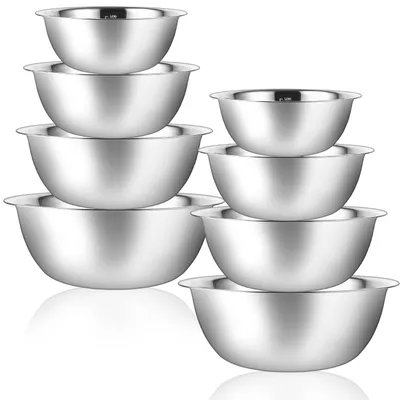Produktbild von 8-teiliges Edelstahl-Schüsselset, Edelstahl-Rührschüsseln in 4 Größen: 0,9 l / 1,6 l / 2 l / 2,6 l, Salatschüsseln, Edelstahlschüsseln zum Backen, Servieren und für Snacks.