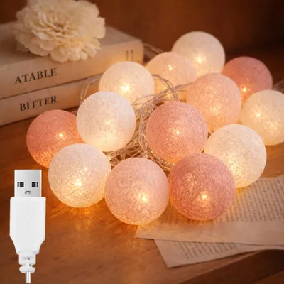 LED-Lichterkette 3 m, 20 Baumwollkugeln, USB, roségold