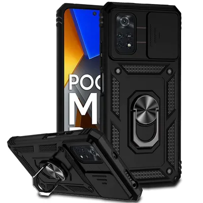Obrázek produktu pro Pouzdro pro Xiaomi Poco M4 Pro 4G dvouvrstvé pouzdro s posuvným krytem kamery a prstencovým stojánkem černé