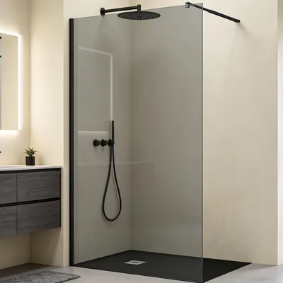 Produktbild von Mai & Mai Duschwand Duschabtrennung 2 Schwarze Haltestange für Walk-In Dusche 80cm 8mm Grauglas ESG-Sicherheitsglas mit Nanobeschichtung Bremen01VG+2