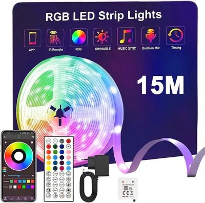 Productafbeelding van 15 m RGB Ledstrip met Bluetooth-app en Afstandsbediening voor Decoratie