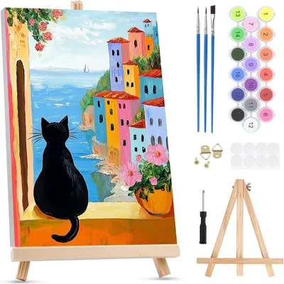 Produktbild von Malen nach Zahlen 20x30 cm, Katzenbild, Acryl-Ölfarbe, mit Staffelei, für Wanddekoration