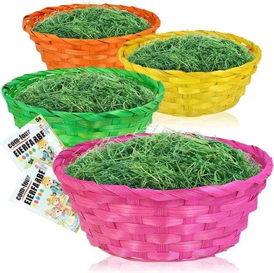 Produktbild von Unyqoos® 4er-Set bunte Raffia-Osterkörbe mit ca.100 g Ostergras & 10 Eierfarben – Ø 22,5 x H7,5 cm, Holzwolle, orange/grün/gelb/rosa
