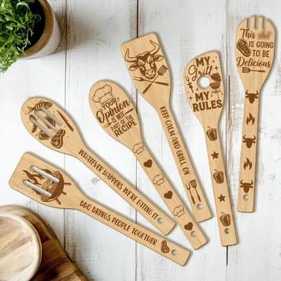 Productafbeelding van 6-delig houten keukengerei set voor grillen