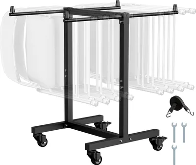 A black metal chair cart with wheels, designed to hold multiple folding chairs. The chairs are shown in a faded, ghosted effect to emphasize the cart.