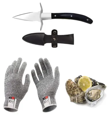 Productafbeelding van Oester mes set met handschoenen en houten handvat
