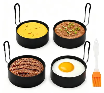 4 Spiegelei-Vormen Edelstahl 9 cm mit Silikonpinsel