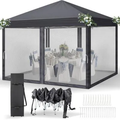 Produktbild von Pavillon 3 x 3 m wasserdicht UV Schutz 50+ mit 4 Mesh-Seitenteilen Dunkelgrau