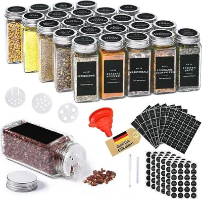 Produktbild von Famanu Kräutergläser 25 Stück 120 ml - Mit Streueinsatz und Etiketten - Organizer für Kräuteraufbewahrung