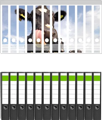 Produktbild von Wallario 12 Stück schmale Ordner inkl. Klebeetiketten mit Motive Lustige Kuh auf der Weide mit herausgestreckter Zunge -  Set mit Rückenschildern / Ordnerrücken Stickern