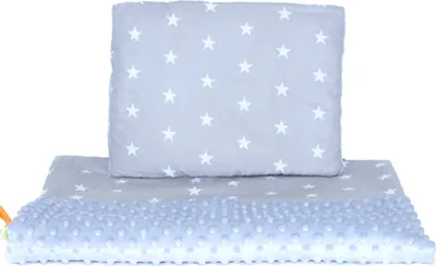 Produktbild von Minky Baby Kinderwagenset Kuscheldecke Kinder Decke Kissen 50 x70 cm 4. Sterne auf Grau + Grau