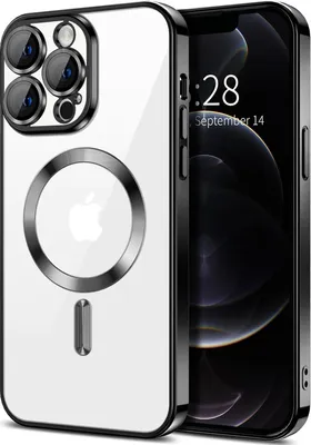 Obrázek produktu pro Magnetické čiré pouzdro pro iPhone 12 Pro, kompatibilní s MagSafe, galvanicky pokovené ochranné pouzdro s ochranou fotoaparátu Černý