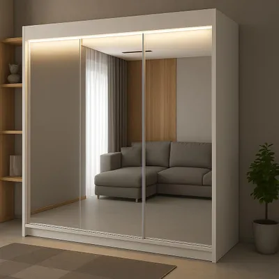Obrázek produktu pro Třídveřová posuvná skříň RIO-1, 180 × 215 cm, bílá – zrcadlové čela, v balení police, tyče, LED osvětlení, funkčnost a styl v jednom