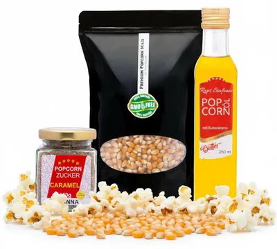 Produktbild von Hopser Funfood Popcorn Set Popcornmais Popcornöl Butteraroma & Karamellzucker