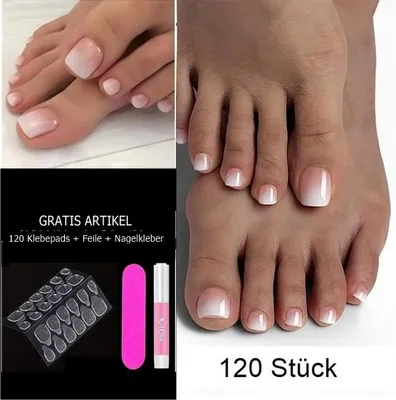 Produktbild von GKA 120 Stück Künstliche Fußnägel Zehennägel K2 kurz rosa weiß Farbverlauf Aufkleben press on Nails mit 120 Klebepads Kleber & Feile Nägel Kunstnägel