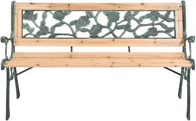 Imagen del producto de Banco de jardín de hierro fundido y madera maciza de abeto, de 122 cm de largo, ideal para terraza y porche. Banco de jardín robusto con un diseño nostálgico y un respaldo decorativo