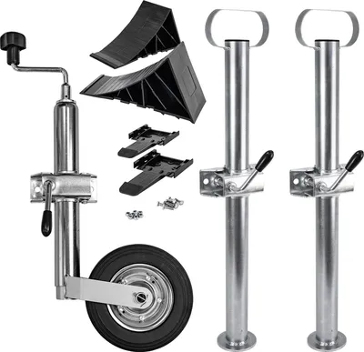 Obrázek produktu pro Sada Trucky podpěrné kolo pro přívěsy + 2x podpěry přívěsu + 2x klíny Podpěrné kolo pro osobní automobily Svorka pro podpěrné kolo přívěsu Klín
