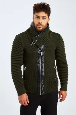 Produktbild von Leif Nelson Schalkragen Herren Strickjacke Schalkragen LN-5165, Khaki Schwarz / XL