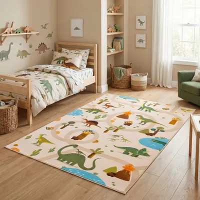 Produktbild von Carpetsale24 Kinderteppich Dinosaurier Spielteppich für Kinderzimmer in Beige Dino Motiv mit Straßen Größe 120x170 cm ideal als Spielteppich