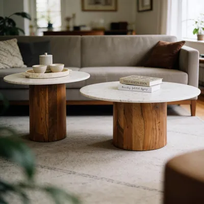 Produktbild von Couchtischset GANGA/YAMUNA mit Tischplatte aus Marmor, Weiß/Natur - Runder Beistelltisch im 2er Set, rundes Holzgestell aus Akazie, Wohnzimmertisch, Coffe Table