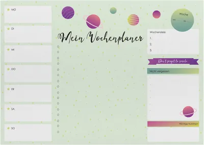 Produktbild von Friendly Fox Schreibtischunterlage Papier Planeten, DIN A3 Wochenplaner Block aus Papier, 25 Blatt zum Abreißen, Büro Unterlage Schreibtisch