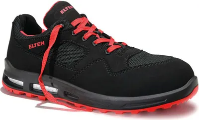 A black and red safety shoe is shown against a white background.