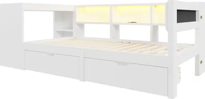 Produktbild von okwish Jugendbett 90x200 mit Ablageflächen,Schubladen und Ladestation,Holz-Plattformbett mit gepolstertem Kopfteil,Einzelbett mit bunten LED-Leuchten,ohne Matratze,Weiß