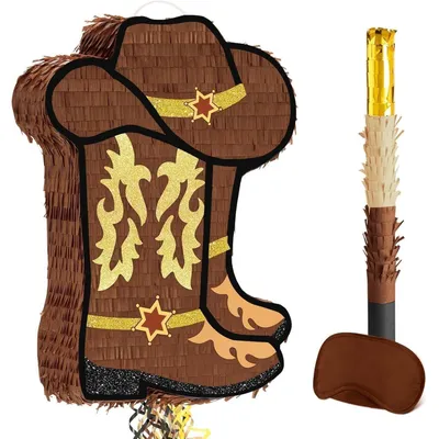 Immagine prodotto di Pignatta a forma di cowboy, completa di bastone e benda per gli occhi, ideale per decorazioni di compleanno e giochi