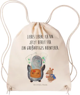 Produktbild von Mr. & Mrs. Panda Turnbeutel Pinguin & Maus Wanderer - Transparent - Geschenk, Roadtrip, Jutebeutel, Drawstring Bag, Pinguine, Beutel, Abenteuer, gym rucksack, Wanderlust