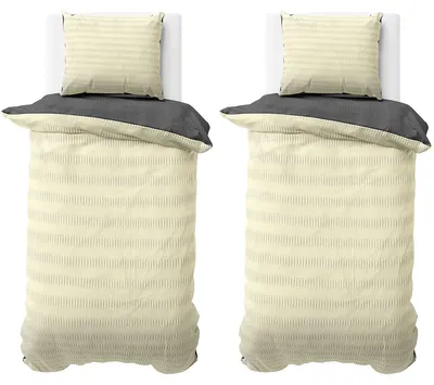 Produktbild von Seersucker Bettwäsche 135x200 cm Beige Anthrazit Wende Doubleface Mikrofaser Bettbezug 4 teilig