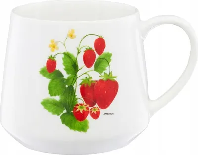 Produktbild von Porzellan Kaffeebecher 460ml Retro Erdbeermotiv, spülmaschinenfest, ergonomisch, Geschenkidee