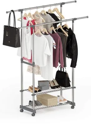 Zdjęcie produktu dla Unyqoos® Regulowany wózek na ubrania na kółkach z 2 metalowymi półkami, podwójnymi, wysuwanymi drążkami, wykonany ze stali nierdzewnej i ABS, udźwig do 50 kg, kółka obrotowe o 360° (2 z hamulcem)