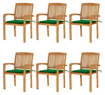 Produktbild von Stapelbare Gartenstühle mit Kissen 6 Stück aus Teakholz für Garten, Pool, Terrasse und Esszimmer
