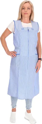 Produktbild von Reißverschluss Kittel gestreift Hauskleid Baumwolle Schürze Kochschürze, Farbe:blau, Größe:62